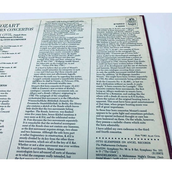 Mozart Horn Concertos Alan Civil Otto Klemperer Classical LP Angel Orchestra - Picture 7 of 7